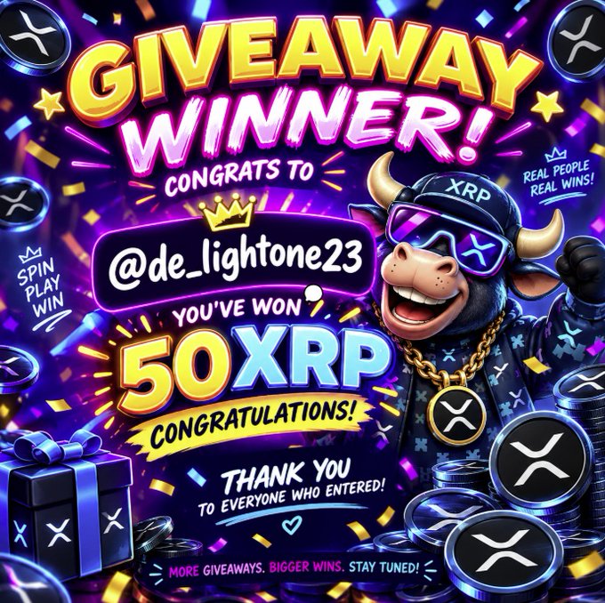 A colorful XRP giveaway announcement graphic congratulating @de_lightone23 for winning 50 XRP, featuring a cartoon bull character wearing XRP merchandise.