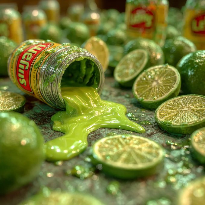 A tipped-over jar labeled "FUEFINS" oozes bright green liquid onto a surface scattered with sliced and whole limes, visually representing the "alien" theme and abundant "seeds" mentioned in the NFT collection sale announcement.