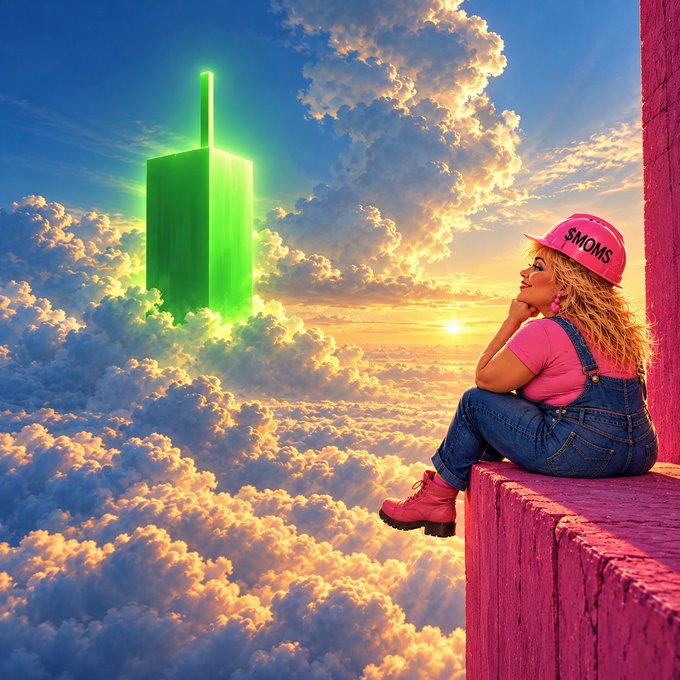A stylized digital illustration shows a blonde woman wearing a pink 'SMOMS' cap sitting on a pink brick ledge, looking out at a glowing green tower rising from clouds at sunset.