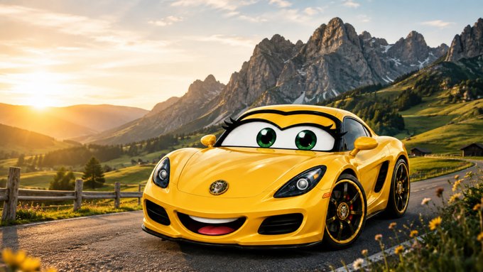 An anthropomorphic yellow sports car with large green cartoon eyes and a smiling mouth, parked on a road with mountains and a sunset in the background.