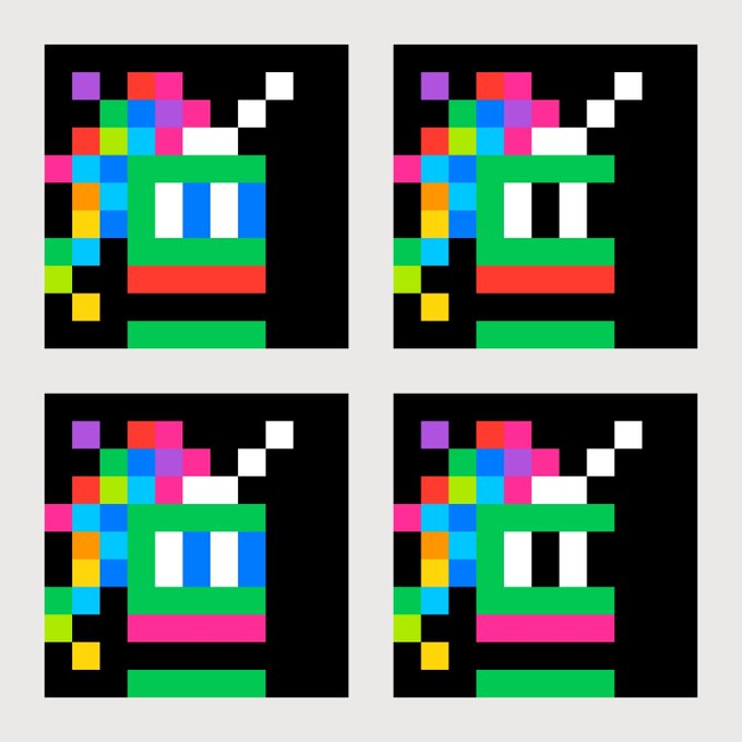 Four nearly identical pixel art squares in a 2x2 grid, each showing a colorful pixelated character with a green base, blue eyes, and multicolored hair-like top.
