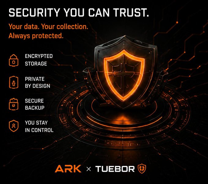 A promotional graphic titled 'SECURITY YOU CAN TRUST' featuring a glowing orange shield, with features 'Encrypted Storage,' 'Private by Design,' 'Secure Backup,' and 'You Stay in Control,' branded with ARK and TUEBOR.