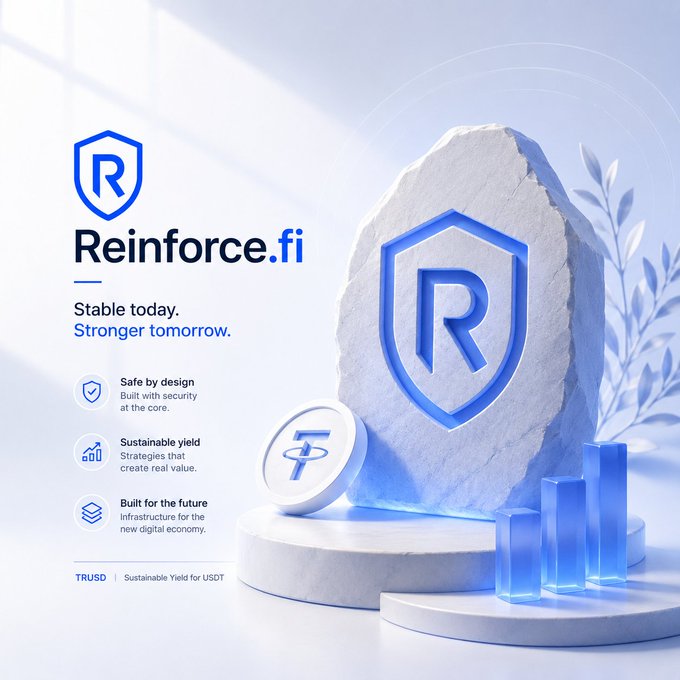 A promotional graphic for "Reinforce.fi" featuring a shield logo and stone tablet design, with the tagline "Stable today. Stronger tomorrow" and marketing points like "Safe by design," "Sustainable yield," and "Built for the future."