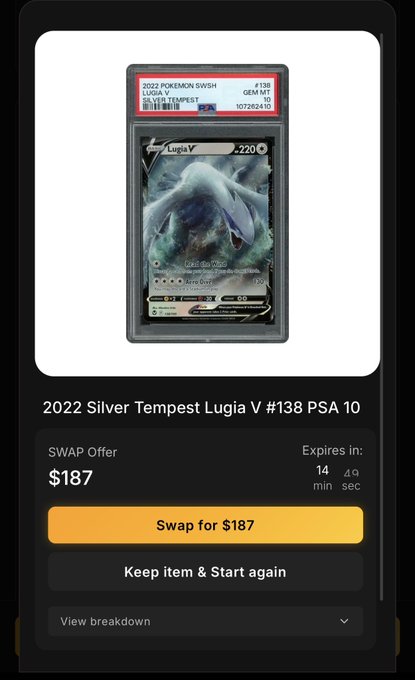 A mobile app interface showing a PSA-graded 2022 Silver Tempest Lugia V #138 Pokemon card with a swap offer of $187 expiring in 14 minutes.
