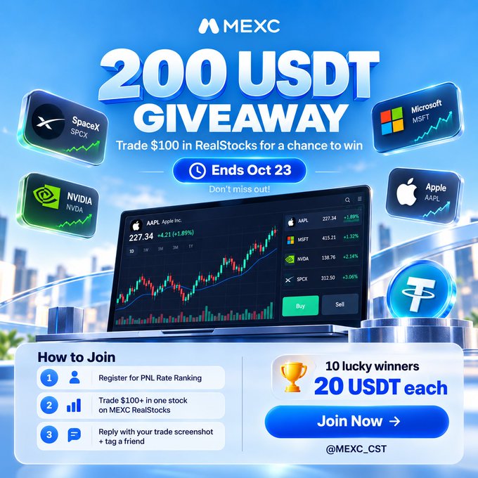 A MEXC '200 USDT GIVEAWAY' promotional graphic for RealStocks trading featuring SpaceX, Microsoft, Nvidia, and Apple, with 10 lucky winners receiving 20 USDT each, ending October 23.