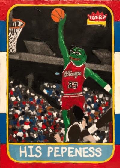 A trading card-style illustration of a green frog in a Chicago #23 basketball jersey doing a slam dunk, labeled 'HIS PEPENESS' with 'FAZER P' logo.