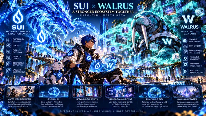 A colorful promotional banner for 'SUI × WALRUS' highlighting features like 'HIGH-PERFORMANCE EXECUTION LAYER' and 'DECENTRALIZED DATA LAYER' alongside anime-style artwork of characters and wolves.