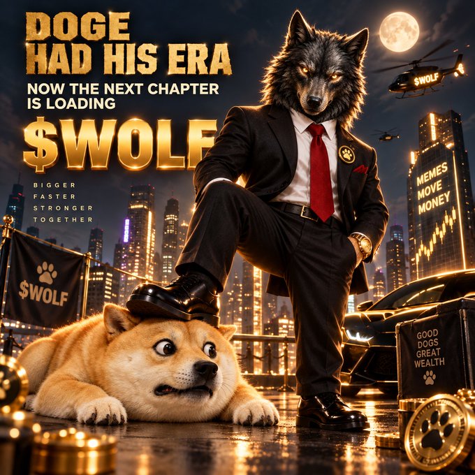 A crypto promotional poster reading 'DOGE HAD HIS ERA NOW THE NEXT CHAPTER IS LOADING $WOLF' featuring a wolf in a black suit with red tie standing dominantly over a surprised-looking Doge/Shiba Inu, with a city skyline and '$WOLF' banner in the background.