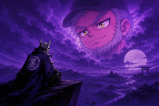 An anime figure wearing a horned mask and a cloak with the kanji "黒" (meaning "black") sits atop a cliff overlooking a moonlit Japanese landscape, with a giant floating head of a bearded character wearing a cap looming in the purple sky above. The artwork aligns with the post's description of Inkers, an anime-style NFT collection on Ink Chain blending traditional Japanese aesthetics with a stylized, supernatural world.
