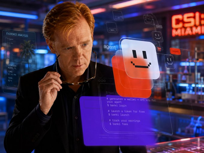 A man with reddish hair and glasses examines a holographic interface displaying an 'agent' icon and code for wallet generation, with 'CSI: MIAMI' visible in the background.