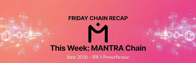 The focus of the image is a gray banner displaying a white logo with black lettering, accompanied by pink text on top reading "FRIDAY CHAIN RECAP". The banner also features information about an investment thesis, stating that RWAers released their full research report for the MANTRA token in June.