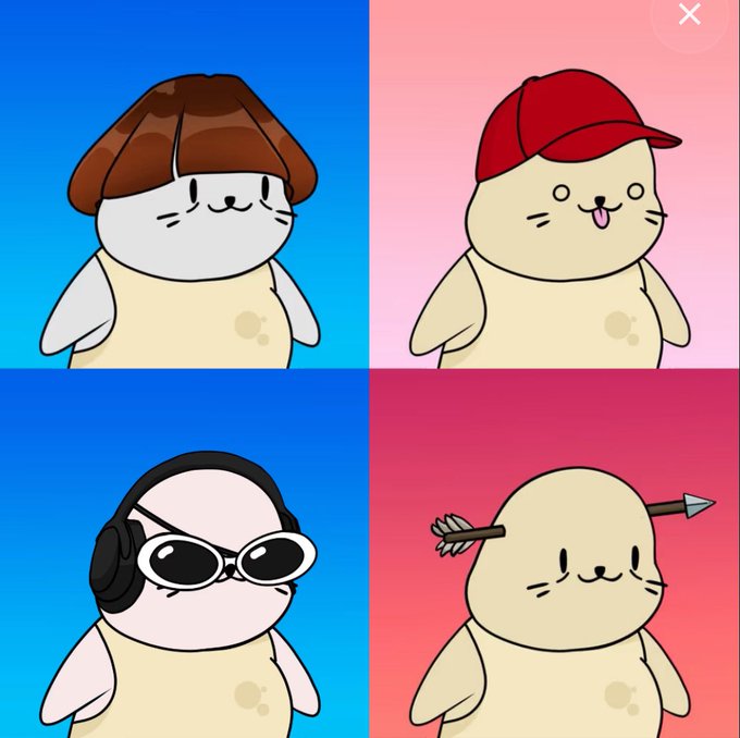 A four-panel illustration of cute cartoon seal-like creatures wearing various accessories: a brown bowl-cut wig, a red baseball cap, sunglasses with headphones, and an arrow through the head.