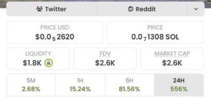 A cryptocurrency tracking interface showing a price of $0.05 USD / 0.07 SOL, with $1.8K liquidity, $2.6K FDV, $2.6K market cap, and price changes of 2.68% (5M), 15.24% (1H), 81.56% (6H), and 556% (24H).