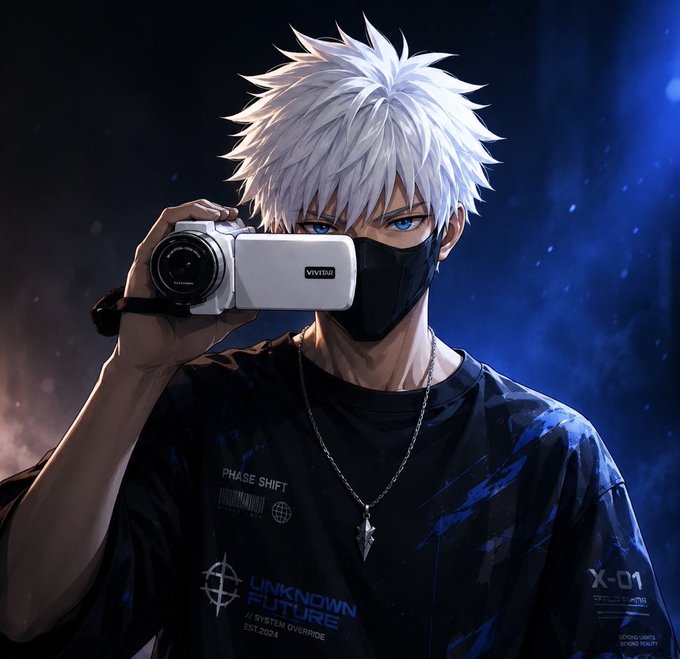 An anime-style illustration of a young man with spiky white hair and blue eyes holding a white camcorder to his face, wearing a black face mask and a dark shirt with 'UNKNOWN FUTURE' and 'PHASE SHIFT' text.