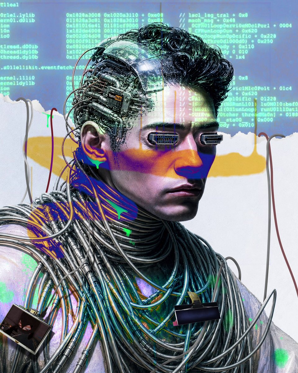 The image features a man with a futuristic appearance, wearing glasses and surrounded by wires that connect him to various electronic devices. The background of the image displays a blue sky filled with white clouds, creating an atmosphere of technological advancement or perhaps a space-themed setting. The caption on the image reads "The only available piece in the Barely Human collection 'Tornhub Employee' superrare.com/artwork/eth/0x". This suggests that the man depicted is not just another ordinary person but rather a unique individual with an extraordinary connection to technology and electronic devices, possibly working at a company like Torn hub or participating in some sort of technological event.