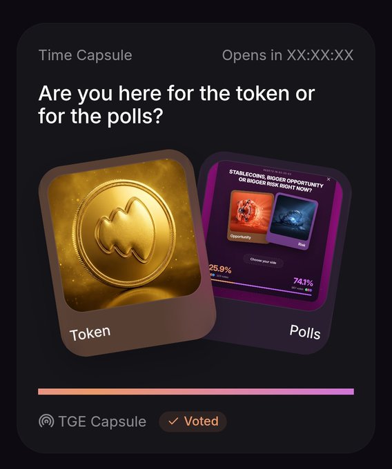 A 'Time Capsule' poll interface asking 'Are you here for the token or for the polls?' with options for Token (gold coin) and Polls (showing a vote between Opportunity at 25.9% and Risk at 74.1%), marked as 'Voted' by TGE Capsule.
