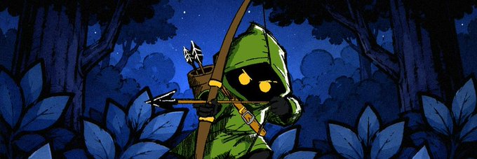 A hooded archer character in green with glowing yellow eyes draws a bow in a dark forest setting, visually embodying the "outlaw" theme of the @hoojafun NFT project on the Robinhood chain.