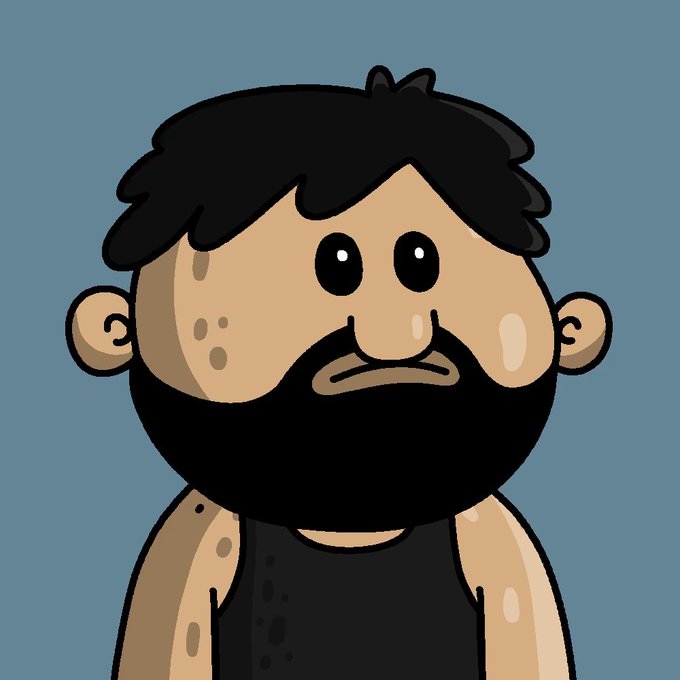 A cartoon illustration of a bearded man with dark hair and a neutral expression against a blue background.