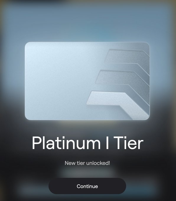 A 'Platinum I Tier' unlock notification screen with a metallic silver card design and a 'Continue' button at the bottom.