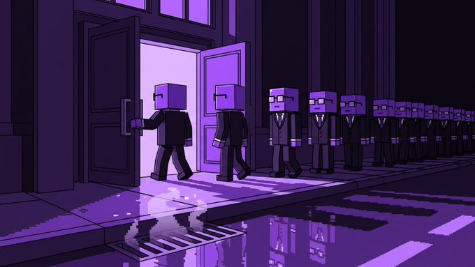A pixel art illustration shows a line of cube-headed figures in suits, with two entering a brightly lit doorway marked "Employees Only" while the rest wait outside in a purple-toned urban setting, evoking the "clock in" and "sold out" sentiment of a successful NFT launch.