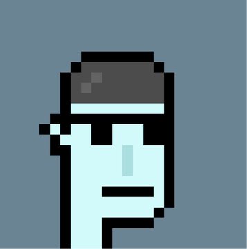 A pixel-art illustration of an Among Us crewmate character wearing a dark gray visored cap on a blue-gray background.