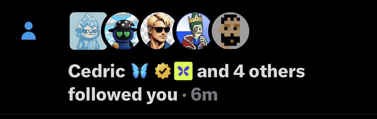 A social media notification showing 'Cedric and 4 others followed you' 6 minutes ago, featuring profile pictures of a blue hooded figure, a black-hat character with green heart eyes, a man in sunglasses, a king with a crown, and a pixelated blocky face.