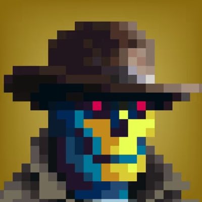 A low-resolution pixel art image depicts a mysterious character wearing a dark wide-brimmed hat with glowing pink/red eyes against a dark yellow background.