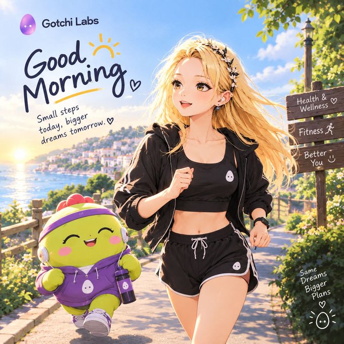 An anime-style illustration of a blonde girl jogging with a green mascot character, labeled 'Gotchi Labs Good Morning' with the text 'Small steps today, bigger dreams tomorrow.'
