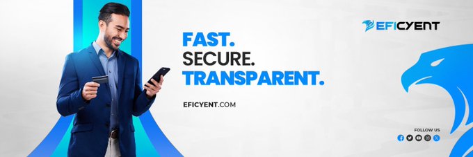 A promotional banner for EFICYENT featuring a man in a blue suit holding a card and phone, with the text 'FAST. SECURE. TRANSPARENT.' and the website EFICYENT.COM.