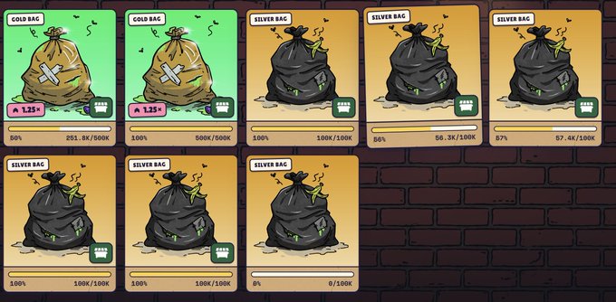 A video game or app interface showing trash bags labeled 'GOLD BAG' and 'SILVER BAG' with progress bars and exchange rates (e.g., 1.25, 1.00) against a brick wall background.
