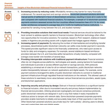 Image 4 displays a document titled 'Insights of How Blockchain Addressed Financial Inclusion Barriers' with a table listing challenges related to Access, and numbered points 1-5 discussing financial solutions.