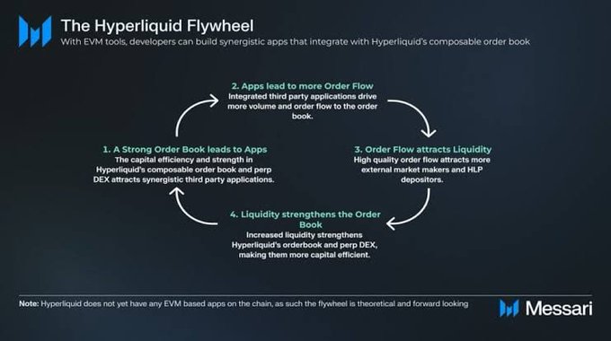 The image is a Messari infographic titled "The Hyperliquid Flywheel," illustrating a four-step self-reinforcing cycle: a strong order book attracts apps, which drive more order flow, attracting liquidity that further strengthens the order book. A footnote clarifies the flywheel is theoretical and forward-looking, as Hyperliquid currently has no EVM-based apps on chain—aligning with the post's claim that Hyperliquid's network effects create a self-reinforcing cycle where new users strengthen the platform.