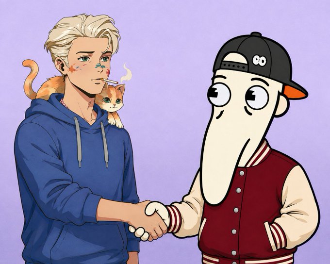 A cartoon illustration of a blonde boy with a cat on his shoulder shaking hands with an anthropomorphic figure wearing a baseball cap and varsity jacket.