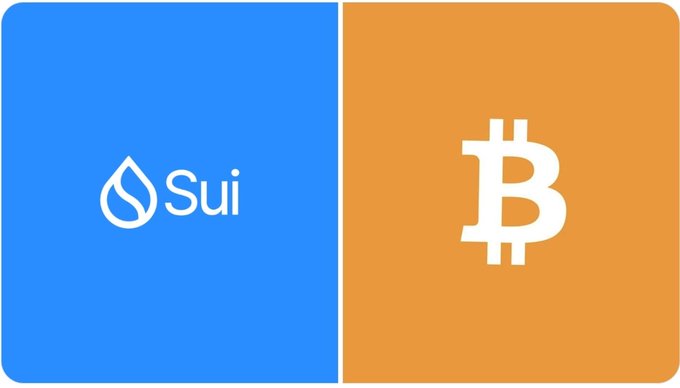 The image shows a split banner with the Sui logo (blue background, left side) and the Bitcoin "₿" symbol (orange background, right side), visually representing the Sui Hashi testnet's integration of Bitcoin-backed lending and borrowing.