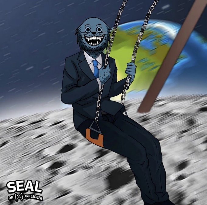 A cartoon seal-like figure in a business suit swings on a swing set from a barren lunar surface with Earth in the background, smiling widely, with the "SEAL ON XRP LEDGER" logo in the corner—visually capturing the post's playful "one swing closer to ATH" message about the $SEAL token's momentum toward new highs.