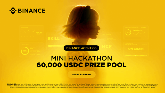 A Binance promotional banner for the "Agent OS Mini Hackathon" featuring a $60,000 USDC prize pool, with a "Start Building" call-to-action button and a silhouetted profile of a woman against a yellow background displaying AI and blockchain data graphics (Skill, MCP, On Chain).