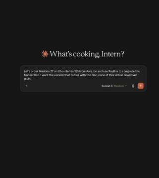 A dark-themed "What's cooking, Intern?" interface displays a Sonnet 5 Medium model response confirming it has placed an order for the "Madibull 27 on Xbox Series X|S from Amazon" via PayBox. Two orange icons appear in the bottom-right corner, likely representing payment or action buttons, which visually reinforces the post's theme of the x402 payment protocol facilitating agentic transactions on Solana.