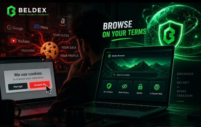 A Beldex Browser advertisement comparing traditional web tracking (Google, Meta, YouTube, Amazon cookies) with their privacy-focused browser featuring 'No Trackers', 'More Privacy', 'Belnet', and 'A Cleaner Web'.