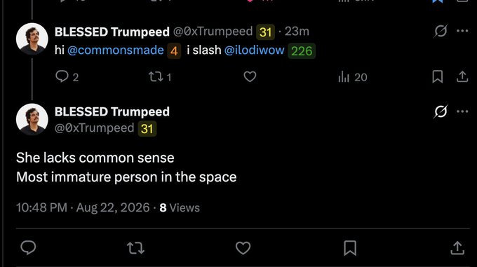A Twitter/X post from 'BLESSED Trumpeed' (@0xTrumpeed) captioned 'She lacks common sense. Most immature person in the space' dated Aug 22, 2026.