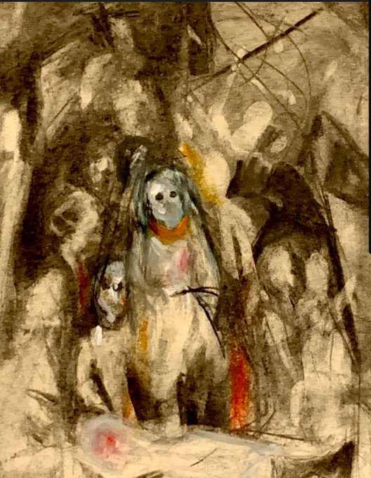 The image features a painting of a person with a face, possibly a portrait or a self-portrait, rendered in an impressionistic style using oil paint. The artist has used a palette knife for texture, giving the artwork a rough appearance. The background is dark and somewhat blurry, which adds to the overall moody atmosphere of the piece. The painting is displayed on a canvas with a wooden frame, placed on top of a cardboard base.