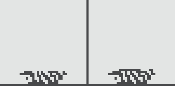 Two side-by-side frames displaying pixelated, corrupted black-and-white glitches near the bottom against white backgrounds.