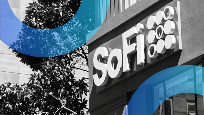 The image features a large white sign with the word "Sofi" written on it. The sign is located outside of a building, possibly an office or store. The background of the image consists of a tree and some buildings, creating a scene that could be related to the post about stablecoins.