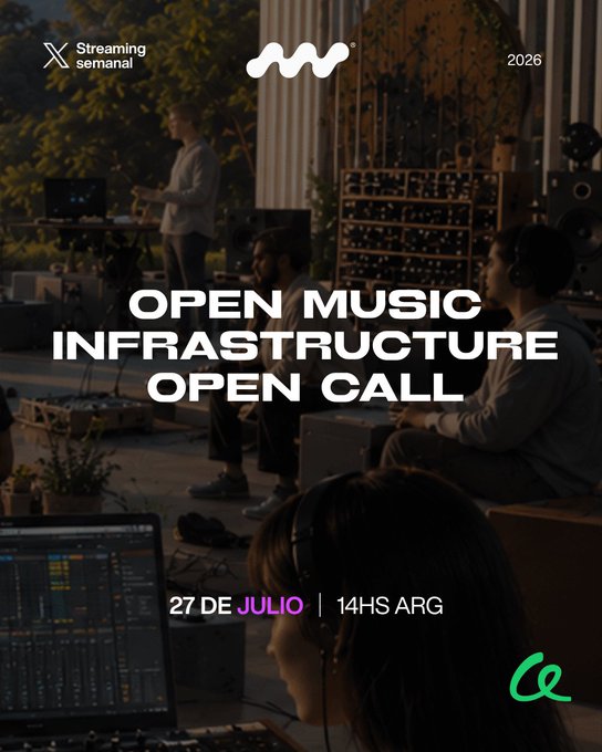 Promotional graphic for the "Open Music Infrastructure Open Call" by MúsicaW3 on Artizen, showing musicians and audio engineers in a studio setting with gear, announcing a live stream on July 27 at 14hs ARG to explain how the fund and projects work on the platform.