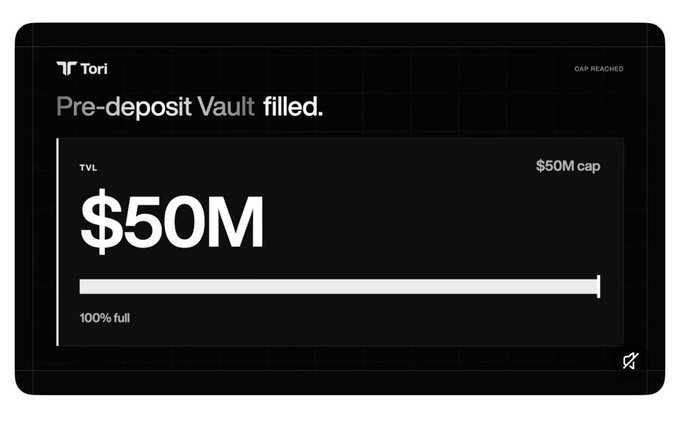 A dark dashboard from Tori announces 'Pre-deposit Vault filled' with TVL at $50M, showing '100% full' and 'CAP REACHED'.