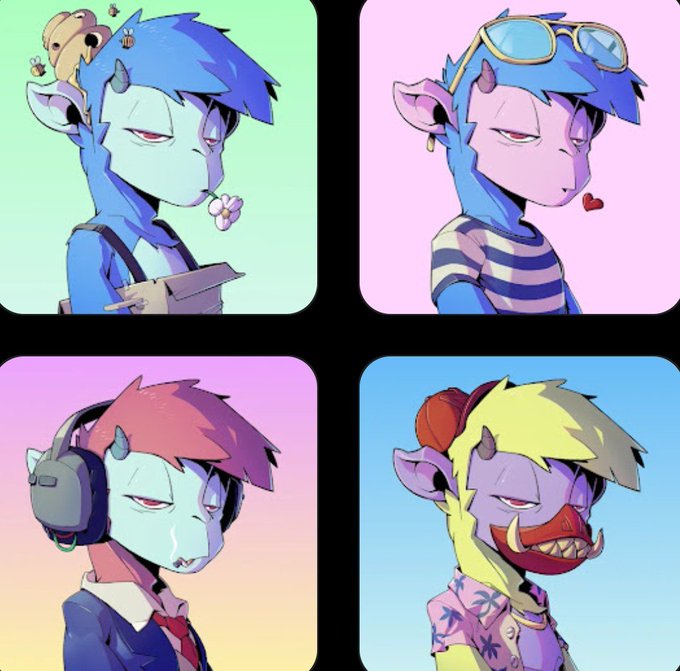 A grid of four profile pictures featuring variations of a blue and purple horned anime character in different outfits and color schemes.