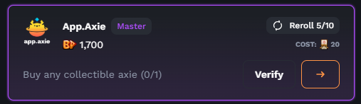 A digital task panel showing 'App.Axie' as a Master quest with a reward of 1,700 BP for buying any collectable axie, with a 'Reroll 5/10' option costing 20.