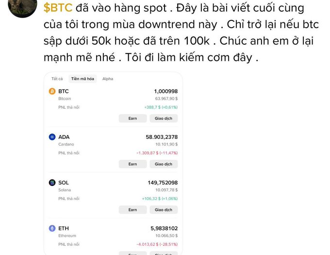The image features a smartphone screen with a news article displayed, which appears to be a conversation between users discussing their recent crypto trades. The text in the photo mainly refers to Bitcoin trading, with one user talking about his "bottom-fishing" for the current season and another stating he'll only come back if the cryptocurrency's price drops below 50k or goes above 100k. Additionally, the image shows multiple coins on the screen that the users are discussing. One of them is Bitcoin, while the other coins include ADA, Sol, and another cryptocurrency, which may be Ethereum, Ripple, or Litecoin among others, depending on the specific version and compatibility with the device being used to view it.
