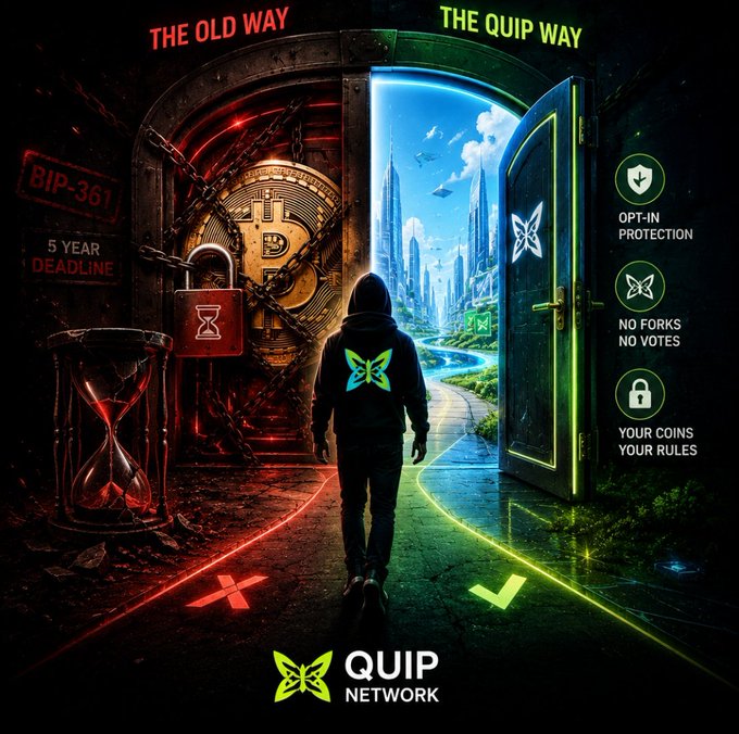 A hooded figure stands at a crossroads between "THE OLD WAY"—a rusted, chained vault door warning of "BIP-361" and a "5 YEAR DEADLINE"—and "THE QUIP WAY," an open doorway revealing a vibrant futuristic cityscape with promises of "OPT-IN PROTECTION," "NO FORKS NO VOTES," and "YOUR COINS YOUR RULES." The visual contrasts Quip Network's freedom-preserving approach against the restrictive 5-year migration freeze proposed by BIP-361, which would lock away an estimated ~1M BTC.
