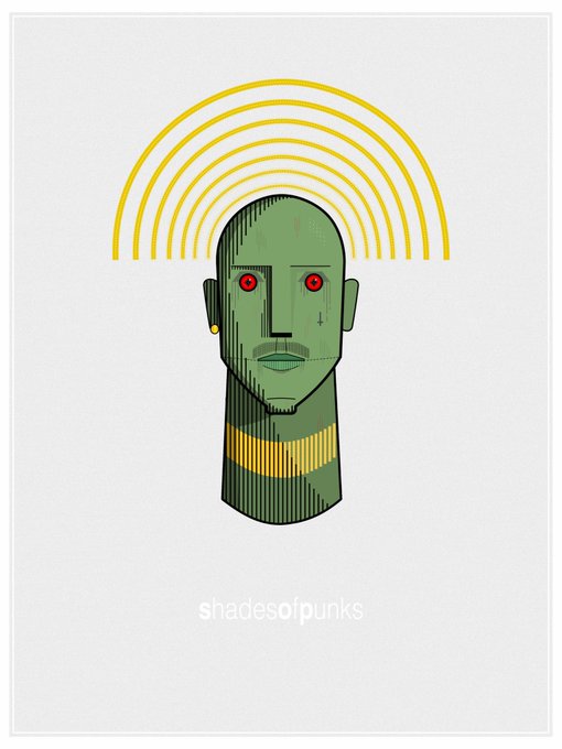 A stylized green digital illustration of a punk-style head with red eyes, gold earrings, and a gold collar features yellow halo-like arches above it, with "shadesofpunks" text at the bottom. The artwork visually showcases the artist's graphic design style, directly tying into the post's offer to provide artistic creations for technology/technique ideas on RobinhoodCrypto.