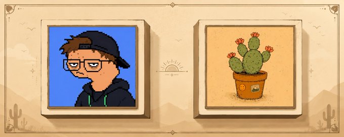 Two framed pixel-art style illustrations are displayed side by side: a portrait of a character wearing glasses and a backwards cap on a blue background, and a potted cactus with pink flowers on a tan background.